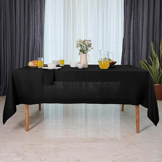 D'Moksha Homes Black Tablecloth 60 x 108 Inch - 100% Pure Linen Rectangular Tablecloth - Machine Washable Table Cloth for Spring, Easter