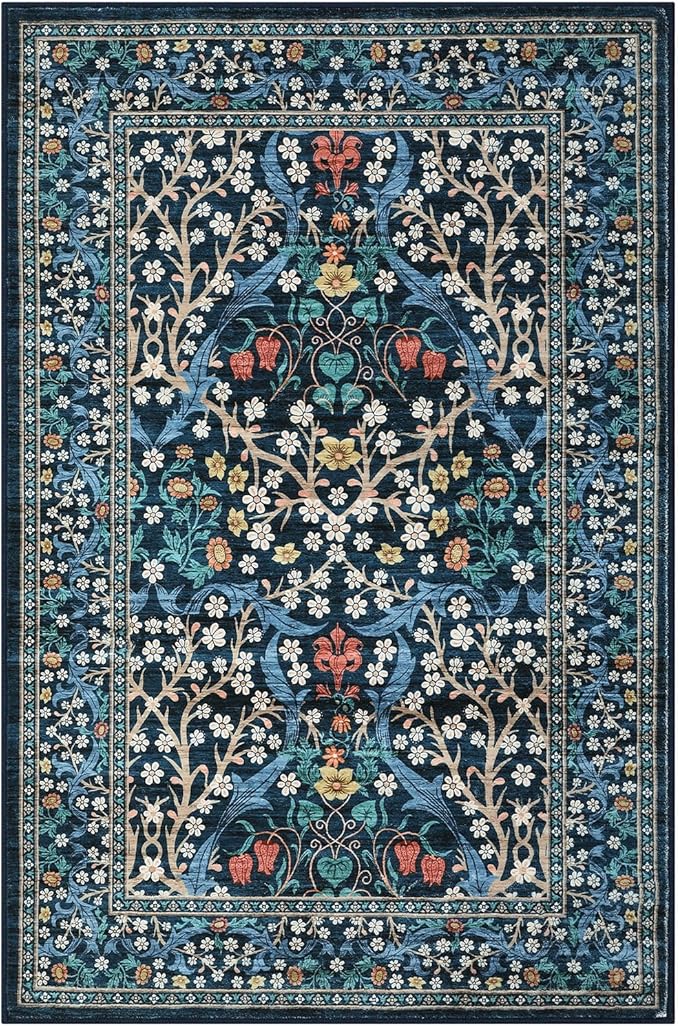 GarveeHome Floral Entryway Rug, 2x3 Washable Front Door Entry Throw Rugs Indoor, Non Slip Bathroom Small Rugs, Boho Thin Rug for Kitchen, Soft Carpet Mat for Bedroom Bathroom, Dark Blue