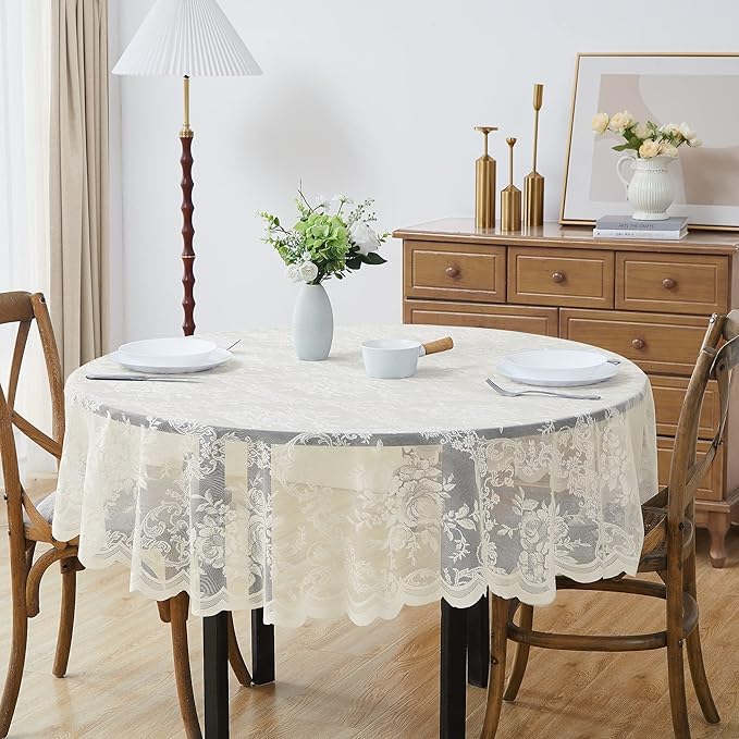 Warm Home Designs 120 Inch Round Tablecloth with English Rose Design. Use as Circle Tablecloth, Rustic or Elegant Lace Table Cloth. Ivory Table Cloth for 10-12 Guests. LTC Ivory 120