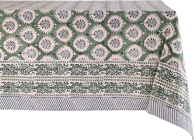 ATOSII Kari Green 100% Cotton Rectangle Boho Fall Tablecloth, Handblock Floral Table Cloth Linen for Kitchen Dining I Parties Wedding Outdoors Christmas Thanksgiving I 72 X 120 Inches I 10 Seater