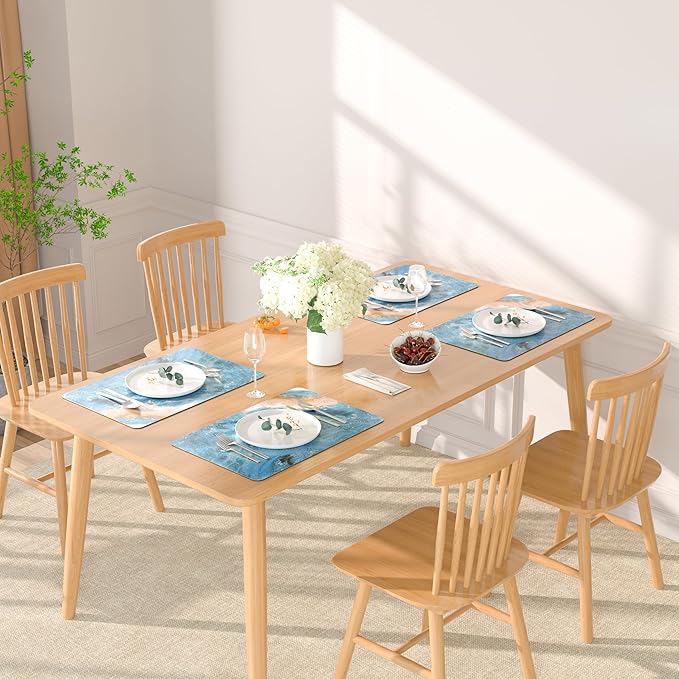 QIYI Placemats Set of 6, 12x18 Inch Faux Leather Place Mats for Kitchen Dinning, Heat Resistant Anti Slip Pink Gold Table Mats, Waterproof Wipeable Washable Placemat Party Table Décor, Blue Marble