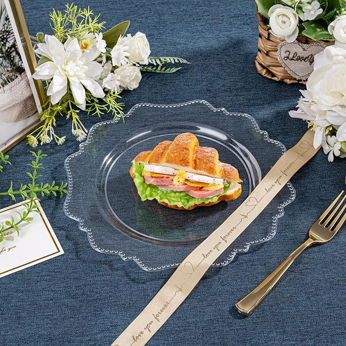 COLOSUS 100pcs 9.5 Inch Clear Plastic Plates,Heavy Duty Disposable Dinner Plates,Fancy clear Plates,Premium Plastic Dinner Plates for Party,Thanksgiving and Everyday Use