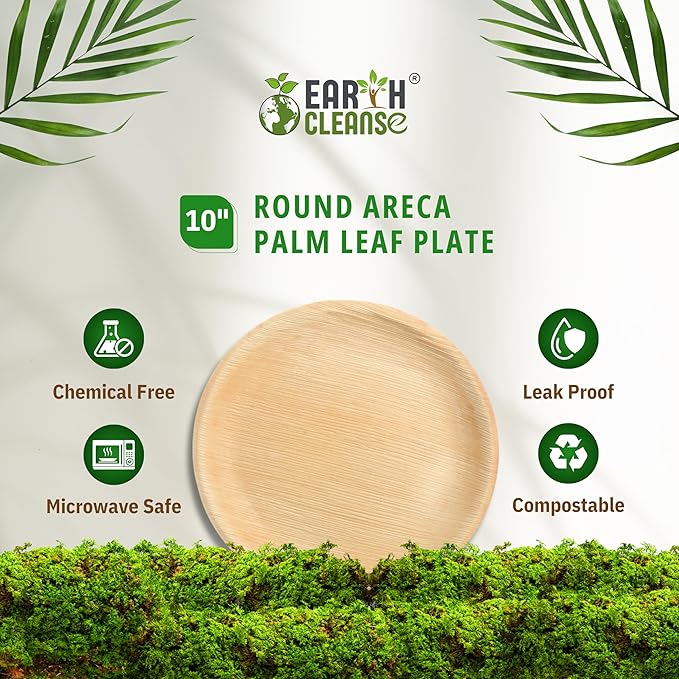 Compostable Palm Leaf Plates 10 Inch Round (50 Pack) | Disposable Biodegradable Plates Like Bamboo & Wooden | Microwave & Oven Safe | Eco-Friendly Dinnerware for Parties & Events
