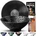 8-Inch Ceramic Ramen Bowl Set of 2 (9 Piece) - Porcelain Japanese Salad Noodles Cereal Fruit Pasta Soup Large Bowls with Recipes Chopsticks Forks Spoons for Men Women Gift Microwave & Dishwasher Safe