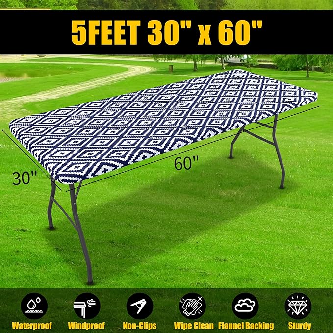Smiry Rectangle Table Cloth Cover, Waterproof Elastic Fitted Picnic Tablecloth for 5 Foot Tables, Wipeable Flannel Backed Vinyl Tablecloths for Camping, Dining, Outdoor (Navy, 30" x 60")