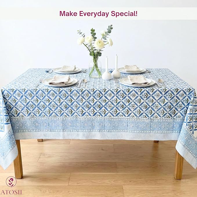 ATOSII Netta Blue 100% Cotton Rectangle Summer Tablecloth, Handblock Floral Print Linen Table Cloth for Kitchen Dining I Parties, Weddings, Outdoors, Decor 60 X 90 Inches, 6 Seater
