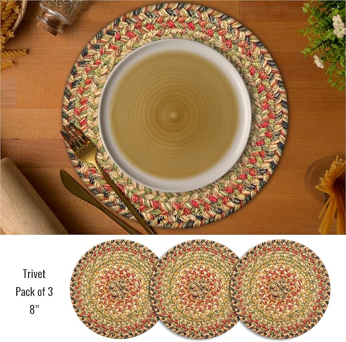 Homespice Kingston Jute Braided Trivets for Table, Warm Country Decor, Set of 3, Multicolor 8" Round Heat Resistant Mats - Rich Colors, Easy to Clean, Durable and Protects Furniture