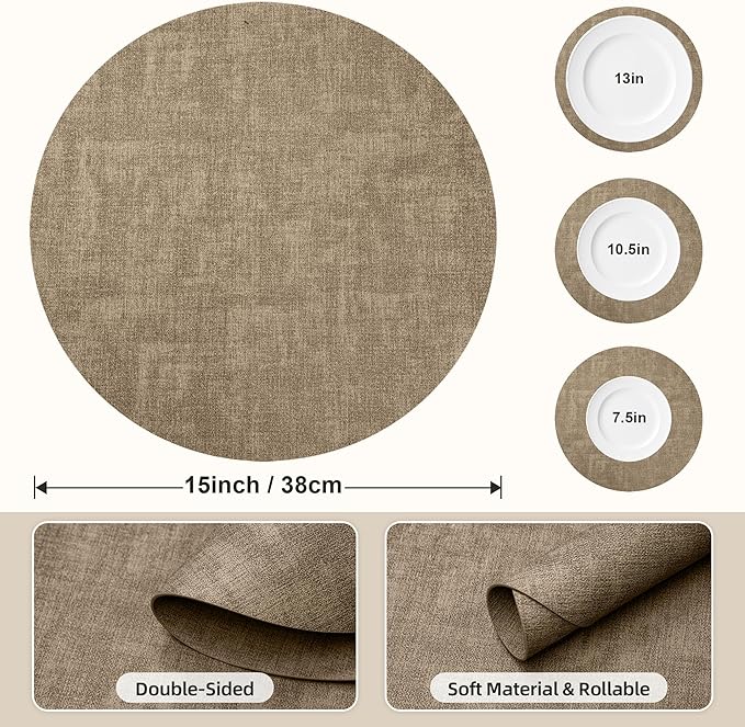 15 inch Faux Leather Round Placemats Set of 4 Non-Slip Washable Wipeable Table Mats, Heat Resistant Waterproof Oilproof Light Coffee Place Mats for Kitchen, Dining, Party, Indoor, Outdoor