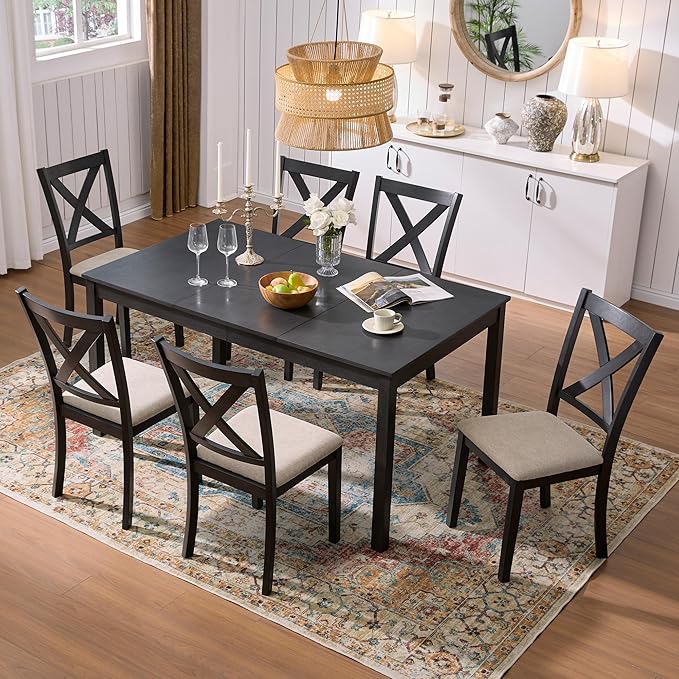 AMERLIFE 7-Piece Farmhouse Dining Table Set with 6 Upholstered Chairs, 60" Space-Saving Dining Table & Chair Set for Dining Room, Kitchen, Small Apartment, Restaurant, Grey