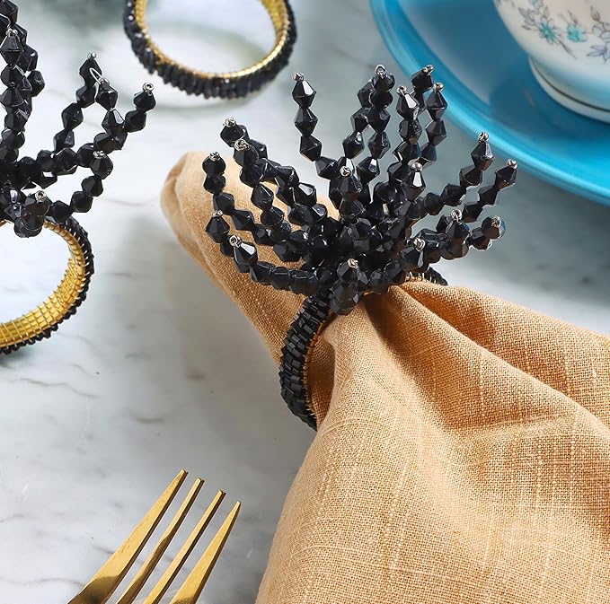 CLEENTABLE 12-Pcs Decorative Napkin Rings - Beaded Serviette Ring Napkin Holders for Summer Beach Wedding Ocean Coastal Nautical Holiday Party Home Table Décor (Black)