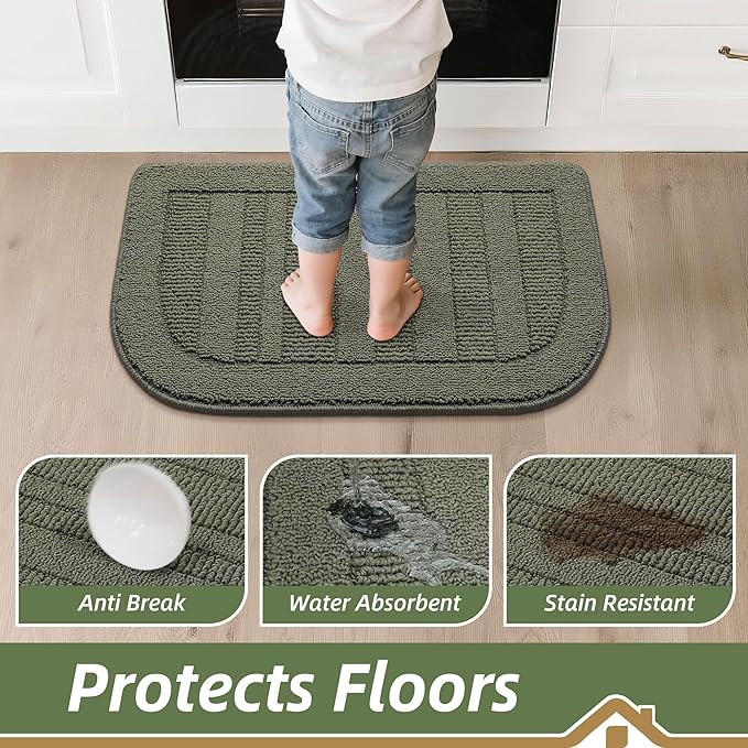 BEQHAUSE 24x36 Inch Kitchen Rug Mat Durable Kitchen Rugs Non-Slip Washable Absorbent Kitchen Mats for Floor Dirt-Resistant Semicircular Kitchen Mat (Green)