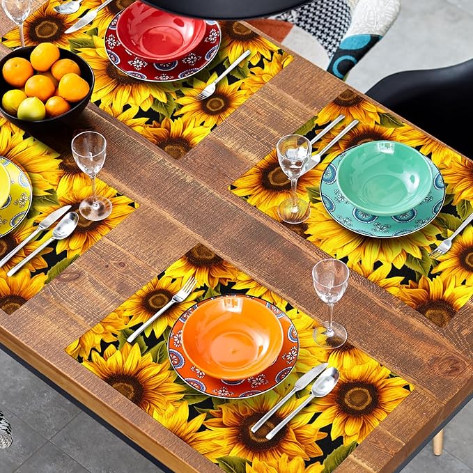 Sunflower Placemats Set of 4 - Yellow Flowers Place Mats Rectangle Spring Summer Floral Table Mats Botanical Blossom Placemats Dinner Party Decor 12x18 inch
