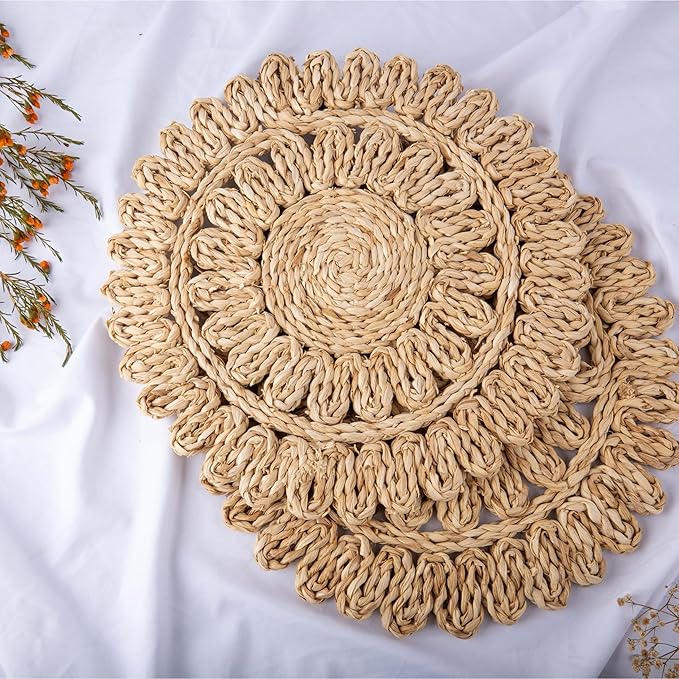 11.8" Corn Husk Woven Round Placemats Set of 6 - Wicker Boho Farmhouse Placemats - Rattan Table Mats Like Water Hyacinth for Dining Table, Wedding, Home
