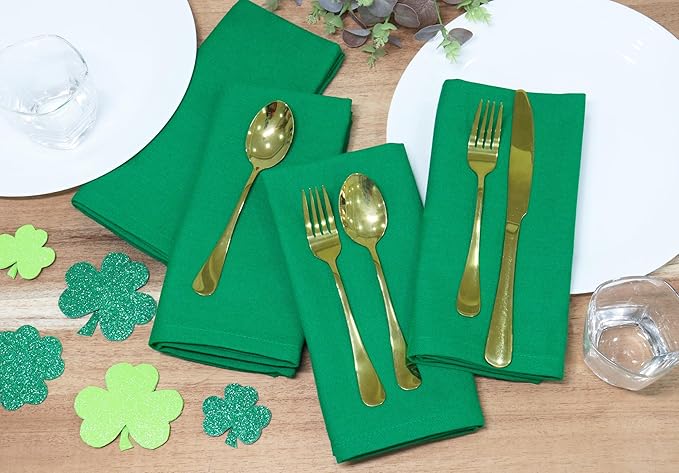 PurpleEssences Set of 6 Cloth Dinner Napkins 100% Cotton 18x18 Inch - Soft Durable Washable - Ideal for Farmhouse Party Christmas Holiday Winter - Perfect Everyday Use Table Linen - St Patricks Green
