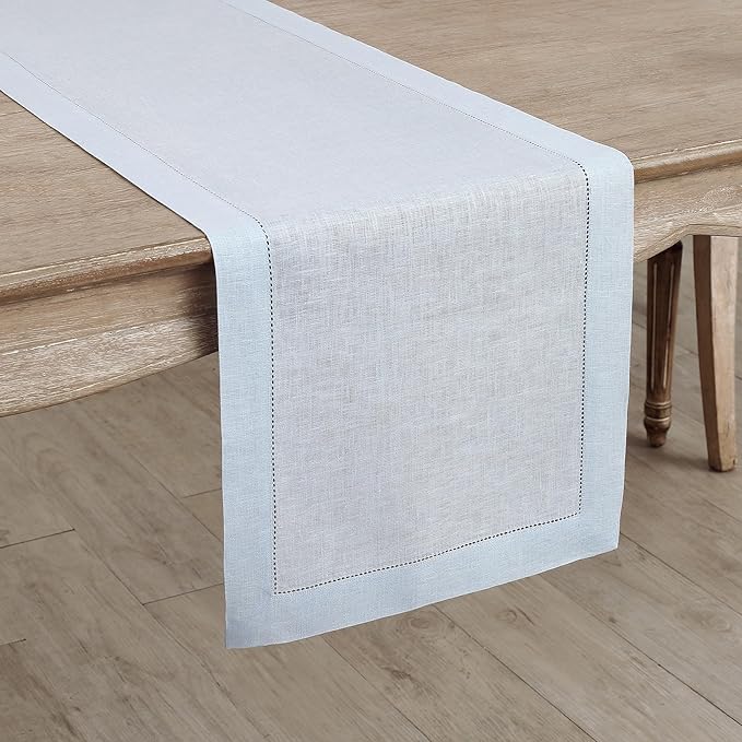 Solino Home Linen Light Blue Table Runner 144 Inches Long - 100% Pure Linen Extra Long Table Runner 14 x 144 Inch for Winter, Spring, Easter - Classic Hemstitch