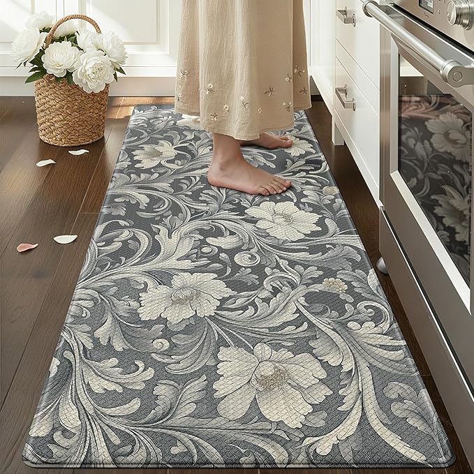 Color&Geometry Floral Kitchen Mat 24"x87", Anti Fatigue Kitchen Mats for Floor, Kitchen Rugs Non Slip, Waterproof & Oil Proof Padded Runner for Standing Desk Office, Sink - Grey
