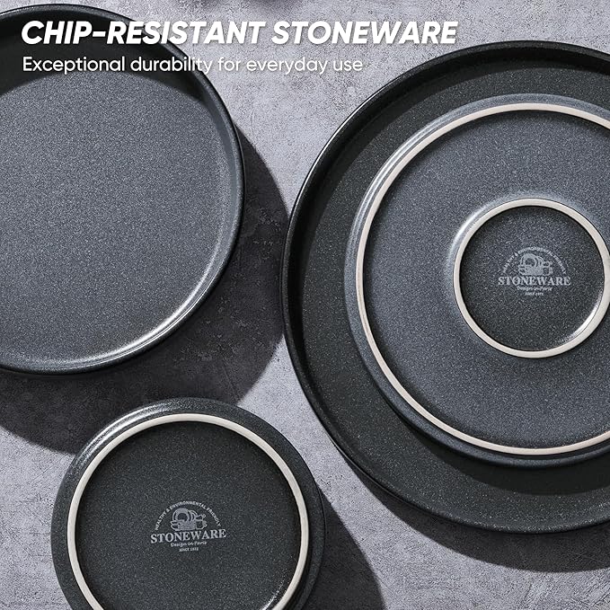 E-far 16-Piece Plates and Bowls Sets - Stoneware Dinnerware Sets with Pasta Bowls for 4 | Microwave & Dishwasher Safe Kitchen Modern Dish Set, Deep Gray