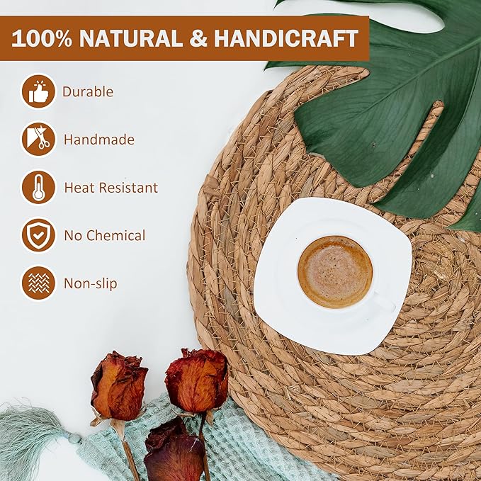 GENMOUS Woven Placemats Set of 12, 12" Round Placemats Natural Water Hyacinth Boho Placemats,Farmhouse Rattan Chargers for Dinner Plates, Rustic Braided Wicker Table Mats for Thanksgiving,Home,Wedding