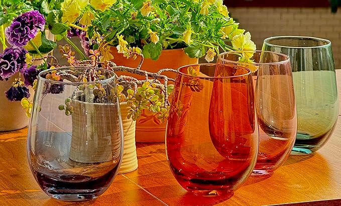 Colored Stemless Wine Glasses for Red or White Wine (Set of 4), 18-Ounces, Large Wine Glasses for Cabernet, Pinot Noir, Burgundy, Bordeaux (4color)