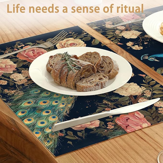 Peacock Placemats Set of 6,Floral Waterproof Non-Slip Washable Table Mats for Kitchen Dining Holiday Party Wedding Decor 12x18 Inch