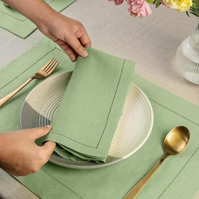 D'Moksha Homes Sage Green Linen Napkins Set of 4 - Classic Hemstitch 100% Pure Linen Hemstitch Dinner Napkins 20 x 20 Inch for Spring, St Patricks Day, Easter - Handcrafted and Machine Washable