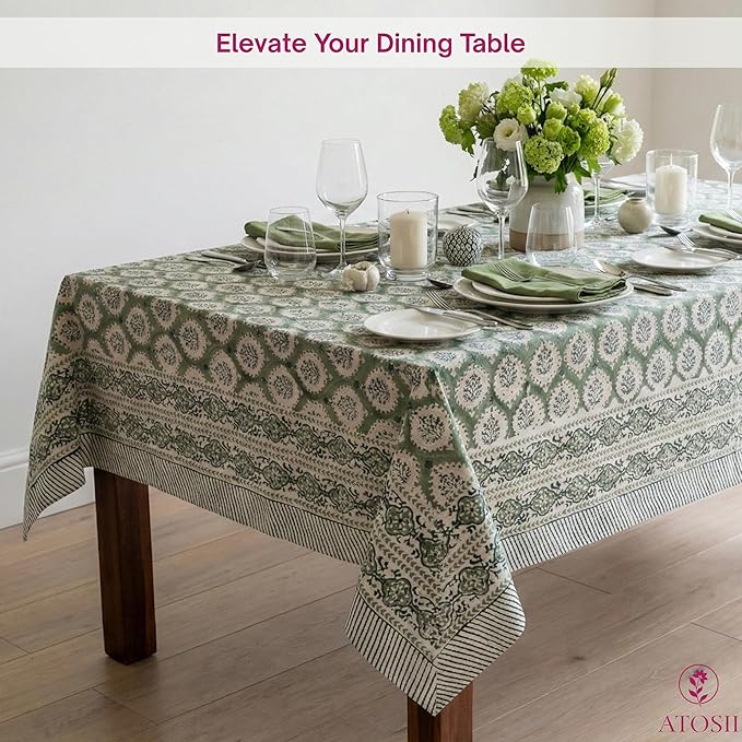 ATOSII Kari Green 100% Cotton Square Boho Summer Tablecloth, Block Print Floral Table Cloth Linen for Dining, Parties, Wedding, Outdoors Home Decor 60 X 60 Inches I 4 Seater I