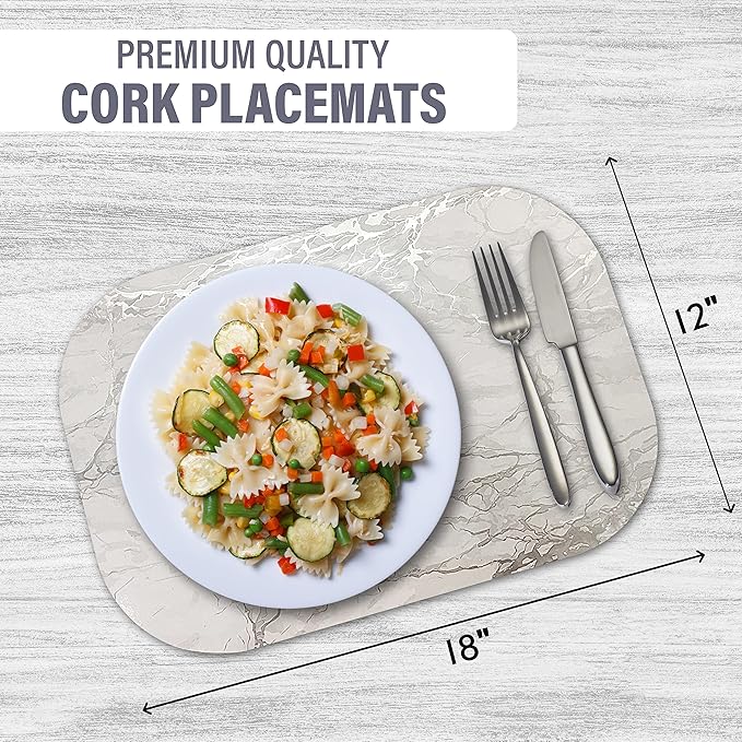Dainty Home Silver Marble Oval Cork Placemats - Heat Resistant Placemats, Non-Slip, Easy Clean Placemats for Elegant Dining - 12"x18" Set of 2 - Perfect for Stylish, Modern Homes