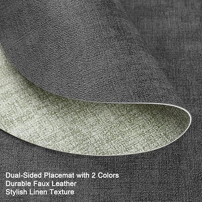 Myir JUN Round Placemats Dual Sided, Faux Leather Place Mats Set of 4 Indoor Placemat for Dining Table Outdoor Place mat Non-Slip Washable Table Mats (Gray Grass Green, Set of 4)