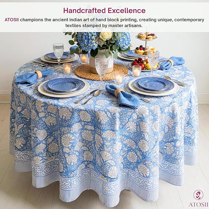 ATOSII Azora Blue 100% Cotton Round Spring Tablecloth, Handblock Print Floral Table Cloth for Kitchen Dining Linen I Parties, Weddings, Outdoors, Easter Holidays I 60" Inches Round