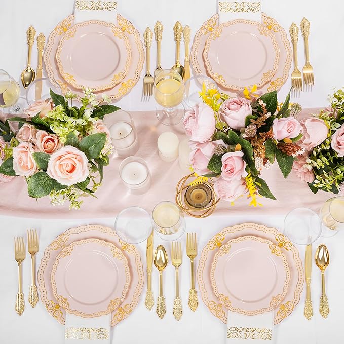 Ciaell 175 PCS Pink and Gold Plastic Plates - Fancy Gold Disposable Dinnerware Set with of 50 Plates, 25 Knives, 25 Forks, 25 Spoons, 25 Cups, 25 Napkins for Party & Weddings & Valentine's Day