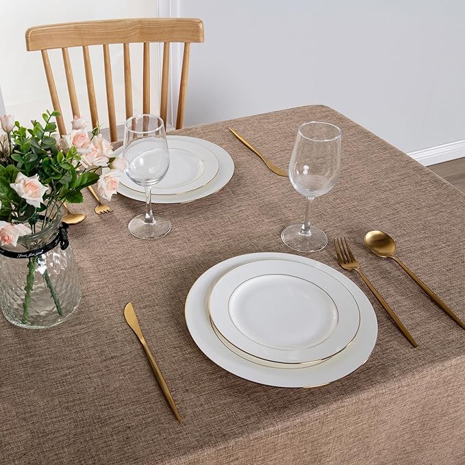 Hiasan Faux Linen Rectangle Tablecloth - Wrinkle and Stain Resistant Washable Table Cloth for Kitchen Dining Room Holiday Table Cover for Party Dinner, Khaki, 70 x 140 Inch