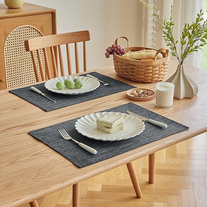 Softalker Faux Linen Placemats Set of 4-12 x 18 Inch, Heat Resistant Double Layered Durable Burlap Farmhouse Place Mats, Non-Slip Washable Rustic Table Mats for Dining, Kitchen, Party（Dark Grey