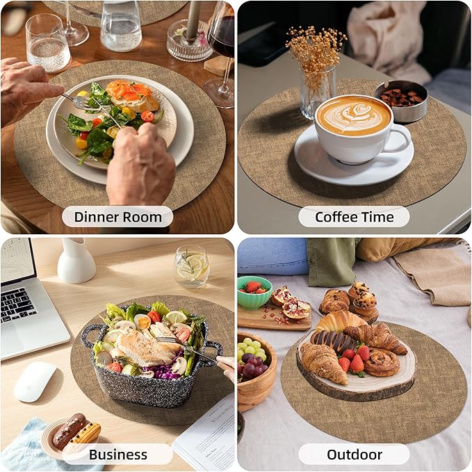 15 inch Faux Leather Round Placemats Set of 6 Non-Slip Washable Wipeable Table Mats, Heat Resistant Waterproof Oilproof Brown Place Mats for Kitchen, Dining, Party, Indoor, Outdoor
