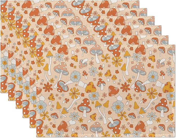 Retro Floral Hippie Mushroom Placemats Set of 6,Groovy Flower Table Mats Non-Slip Heat Resistant Washable Placemat for Party Kitchen Dining Table Decoration Indoor Outdoor