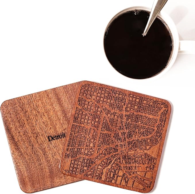 Detroit Map Coaster by O3 Design Studio, Set Of 4, Sapele Wooden Coaster With City Map, Handmade