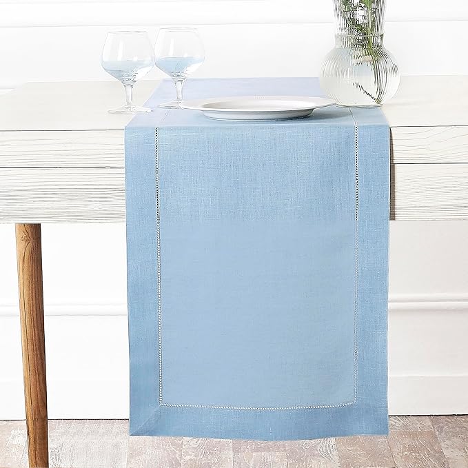 D'Moksha Homes Linen Powder Blue Table Runner 72 Inches Long - 100% Pure Linen Hemstitch Table Runner 14 x 72 Inch for Dresser, Dining, Spring, Easter - Classic Hemstitch