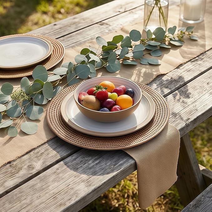 13 Inch Antique Gold Charger Plates Set of 6 Round Plastic Plates Matte Finish Faux Rattan Woven Texture Charger plates for Wedding Party Christmas (609)