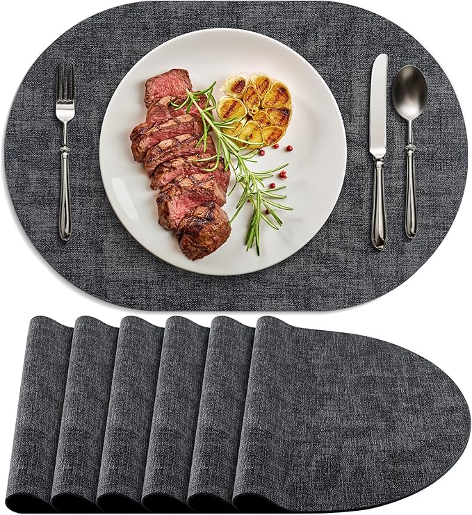 Placemats for Dining Table Set of 6 Non-Slip, Heat Resistant Oval Leather Placemat Double Layer, Waterproof Table Mats Easy to Clean for Kitchen Dining Room Coffee Office Table, Charcoal