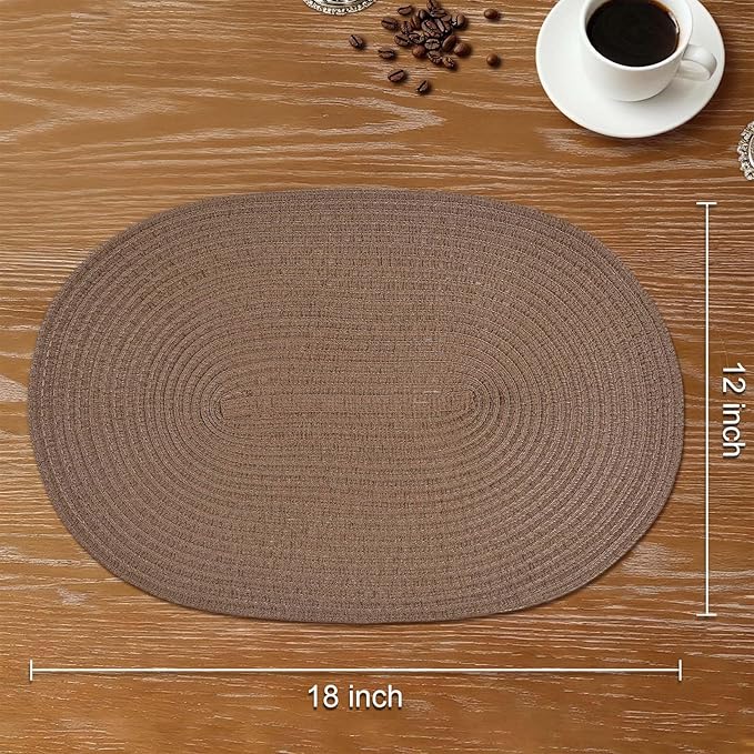 Noctiflorous Oval Braided Placemats Set of 8 Woven 12x18 Inch Non Slip Washable Heat Resistant Place Mats Round Tablemats for Dining Kitchen Party Daily Table Decor Dinner Mats (Solid Brown, 8)