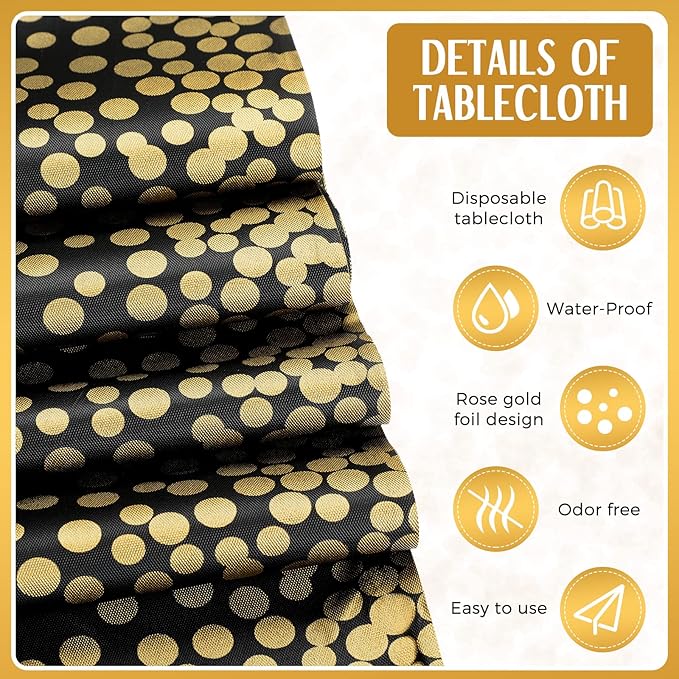 Breling 8 Pack New Year Black and Gold Disposable Plastic Tablecloths and Satin Table Runner Set, 54 x 108 Inch Tablecloth, 12 x 108 Inch Table Runners for Wedding Graduation Birthday Baby Shower