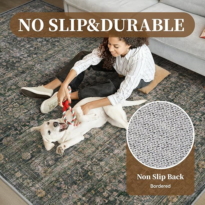 MontVoo-Vintage Area Rug 9X12 Green Rugs for Living Room-Soft Distressed Printed Rugs for Bedroom-Non Slip Carpet-Machine Washable Rug for Dining Room Living Room Bedside Office