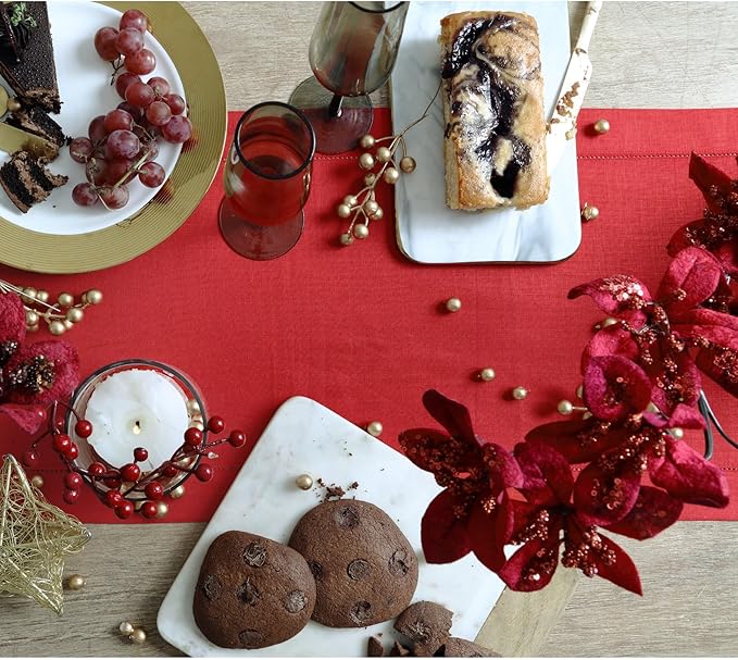 Solino Home Linen Red Table Runner 48 Inches - Classic Hemstitch, 100% Pure Linen Coffee Table Runner 14 x 48 Inch Ideal for Dresser Tables - Valentines, Winter