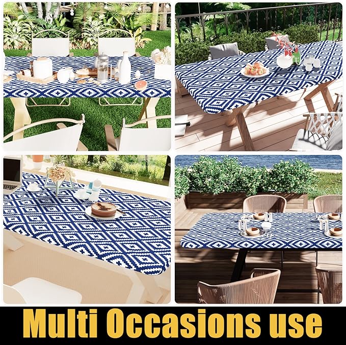Smiry Rectangle Table Cloth Cover, Waterproof Elastic Fitted Picnic Tablecloth for 6 Foot Tables, Wipeable Flannel Backed Vinyl Tablecloths for Camping, Dining, Outdoor (Navy, 30" x 72")