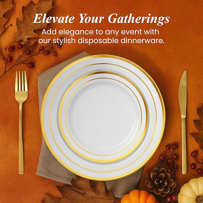 Aya's 60 Pack Heavy Duty Plastic Plates with Gold Rim - 30 Each of 10" Dinner and 7.5" Appetizer White Disposable Plates - Elegant Fancy Plastic Plates for Party, Weddings, and Special Events