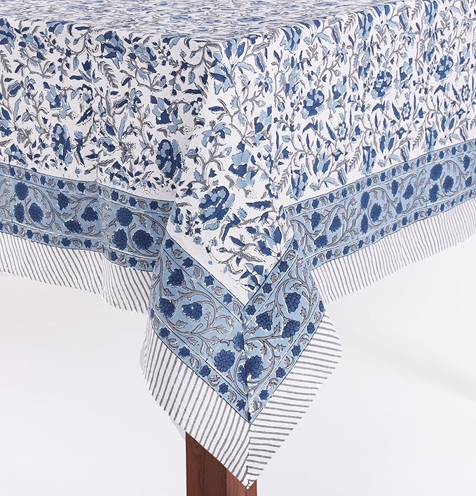 ATOSII Jodhpur Blue 100% Cotton Rectangle Tablecloth, Handblock Floral Linen Table Cloth for Kitchen Dining Table I Parties Wedding Outdoors I Home Decor 60 X 108 Inches