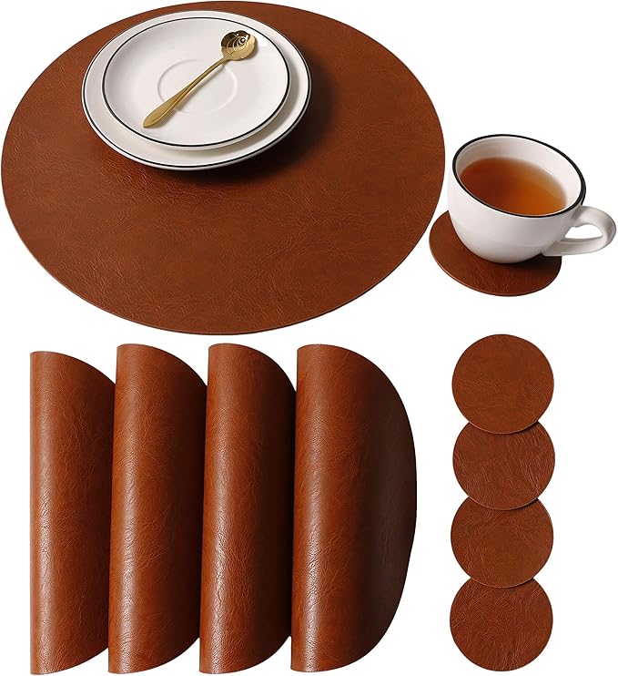 Embossed PU Leather Placemats, Waterproof Coffee Coasters, Kitchen Table Mats, Easy to Wipe Off for Dining Round Table