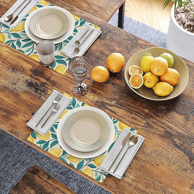 Placemats Set of 6 Lemon Leaf Place Mats Washable Kitchen Dining Linen Table Mats Stain Heat, for Home Party Indoor 12x18 in