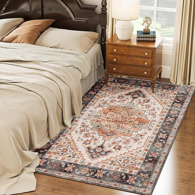HOMCOM Washable Area Rug, 4'x6' Vintage Indoor Distressed Carpet, Retro Floor Cover Foldable, Floral Print Mat for Living Room, Bedroom, Dining Room, Tawny Brown