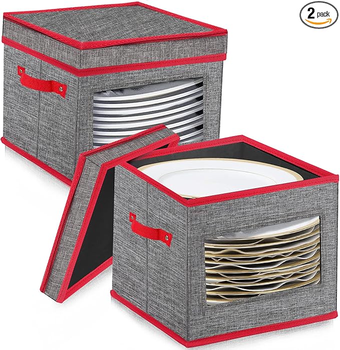 VERONLY Christmas China Storage Containers-Dish Plate Storage Containers Hard Shell and Stackable,Dinnerware Storage with 24 Felt Dividers, Hold 24 Plates,2 PACK (12" W x 8" H)