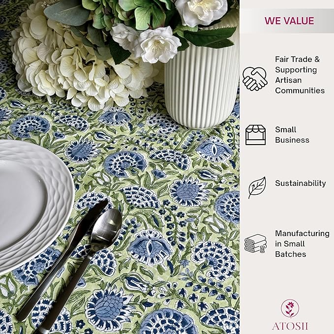 ATOSII Amara 100% Cotton Rectangle Fall Tablecloth, Handblock Floral Linen Table Cloth for Kitchen Dining Table I Parties Weddings Christmas I Fall Home Decor 60 X 108 Inches I 8 Seater